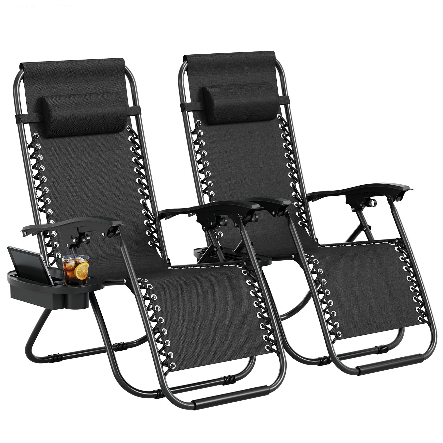 Fabric Weight Set - ゼロウェイトパティオラウンジリクライニングチェア2脚セット – 調節可能な折りたたみ式屋外リクライニングチェア、枕、カップホルダートレイ、人間工学に基づいた頑丈なスチールフレーム付き – デッキ、芝生、庭、ビーチ、裏庭用の通気性のある速乾性テキスタイル素材