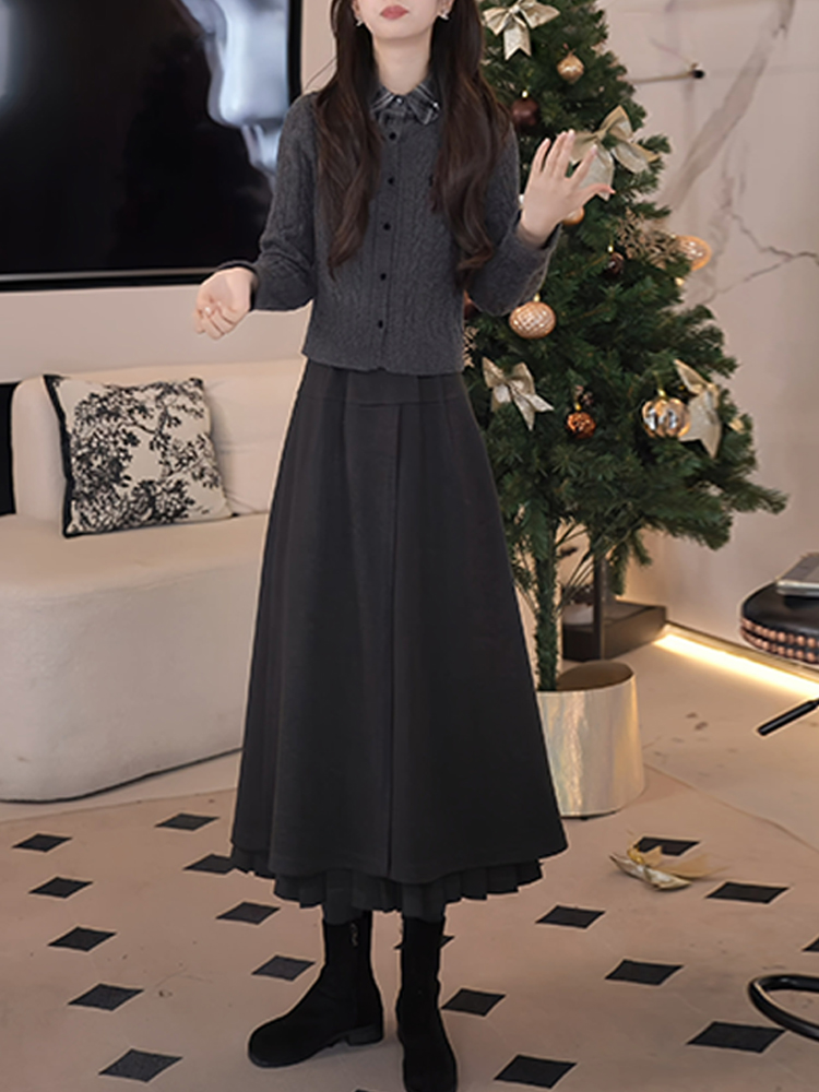Fabric Weight Set - 冬のファッション レディース ニットトップスとハイウエストワイドレッグパンツのツーピースセット カジュアルスタイル ハイカラー 中厚生地