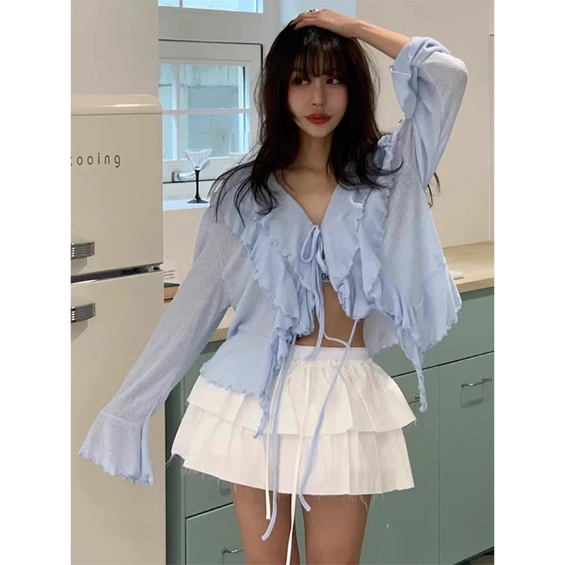 MEXZT クロップ白シャツ女性のファッションフリル包帯ピン - Sewing V のレビューと価格